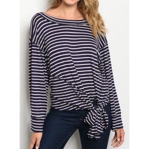 Navy striped long sleeve tie front